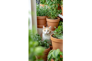 Domestic cat sitting among potted, an Animal Photo by Lermont51