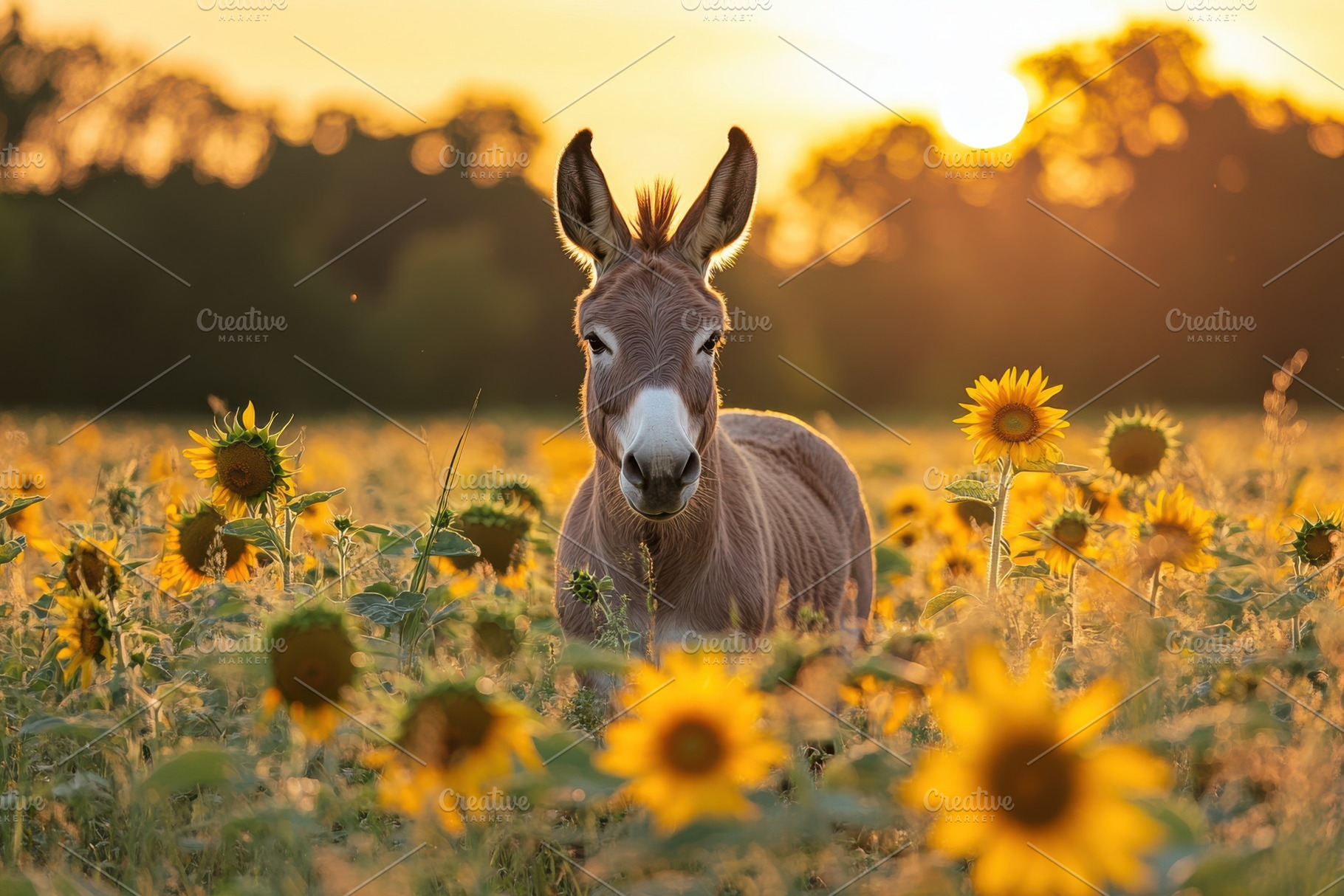 Donkey in Sunflower Field at Sunset, an Animal Photo by Pixeness Studio