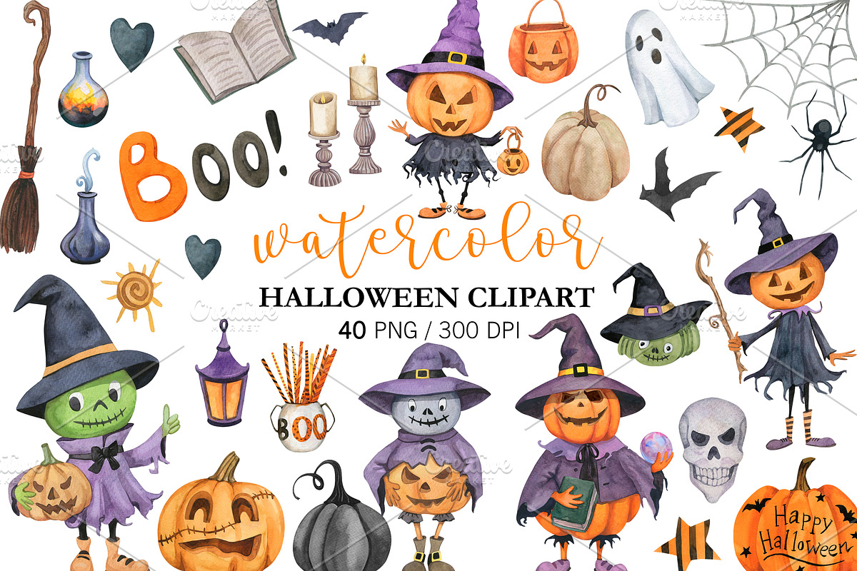 Watercolor Halloween Pumpkins PNG, a Seasonal Illustration by PatternPalette (Photo 1 of 3)