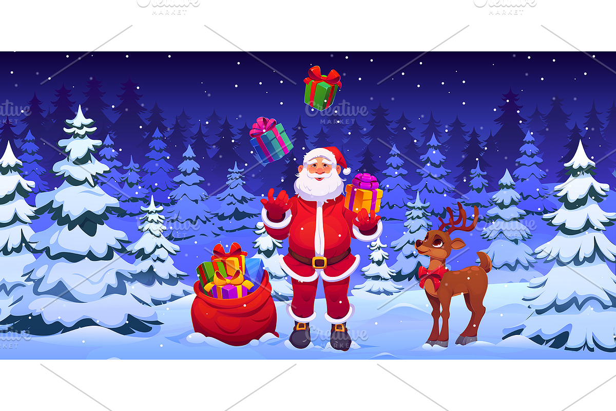 Santa juggling Christmas gifts, a Seasonal Illustration by Seavector Studio (Photo 1 of 3)