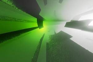 Abstract green light tunnel with floating geometric 3D shapes, a Background Photo by RF Images