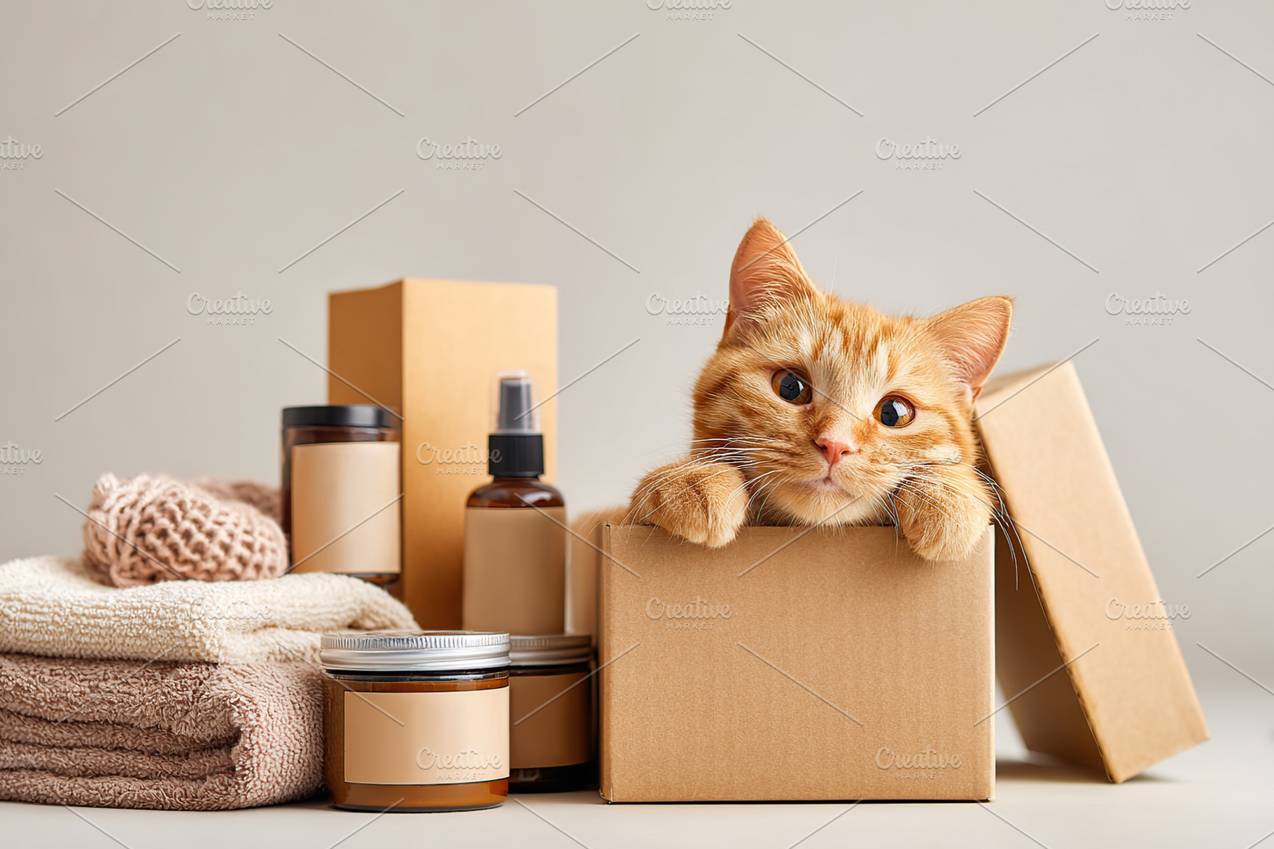 Cat lounging in a cardboard box surrounded by natural personal care products an, an Animal Photo by AlyaAnd