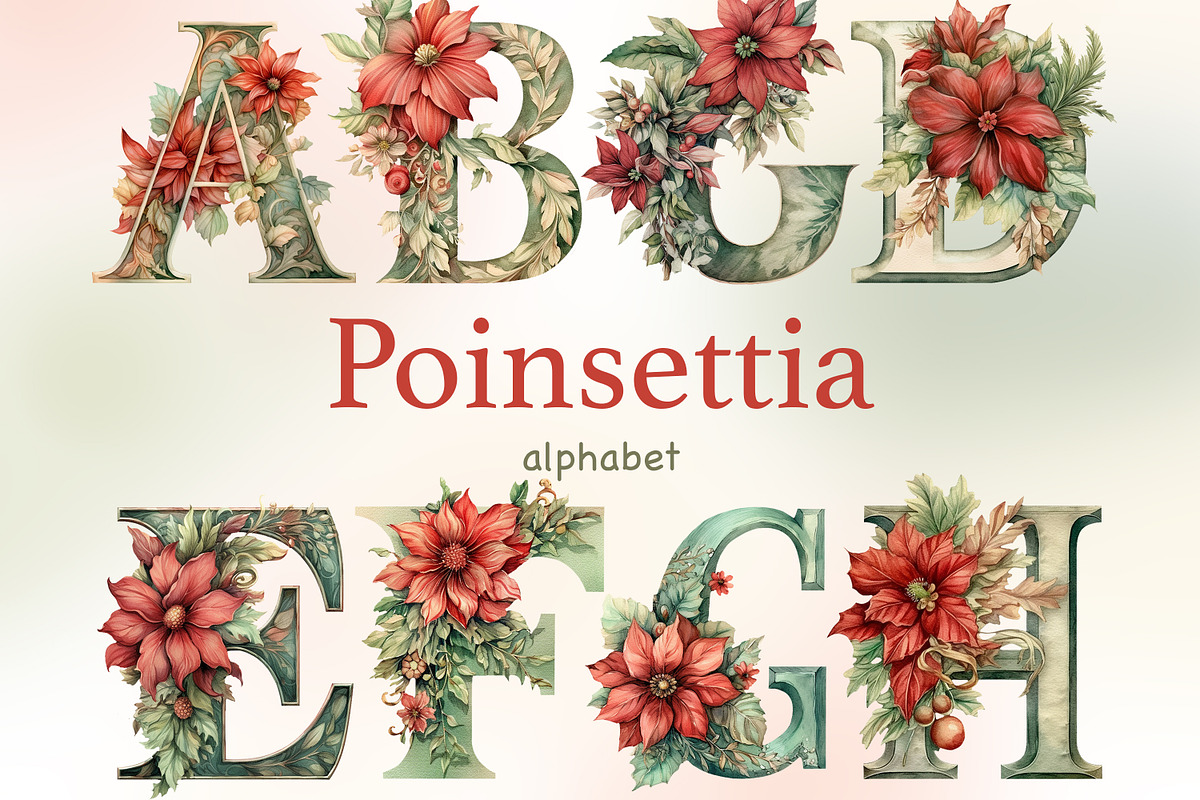 Poinsettia Alphabet | Christmas, a Seasonal Illustration by GlamArtZhanna (Photo 1 of 5)