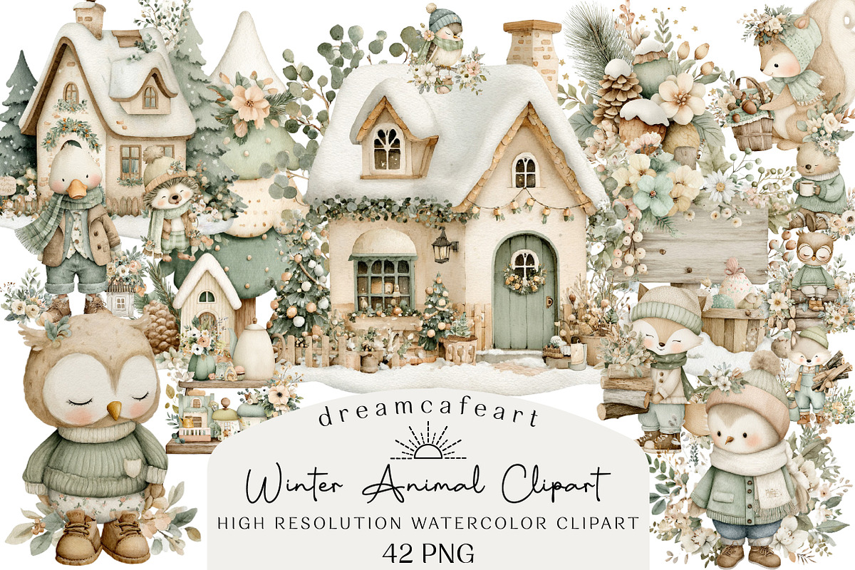 Cozy Cottagecore Winter Animal Clipa, an Illustration by DreamCafeArt (Photo 1 of 6)