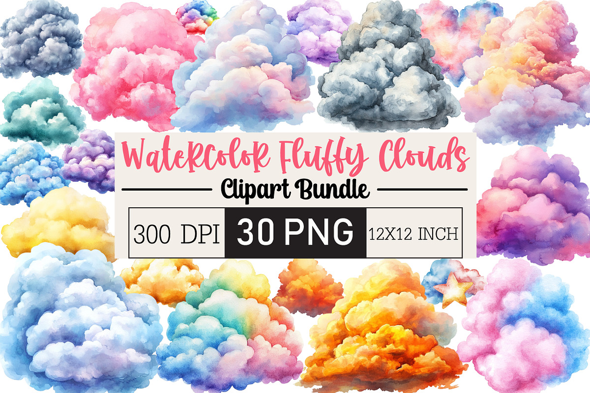 Watercolor Fluffy Clouds Clipart, an Illustration by Black Bird Studio (Photo 1 of 6)