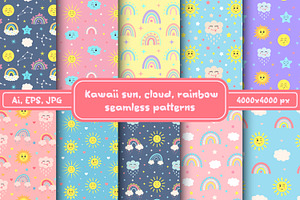 Kawaii sun, cloud, rainbow patterns
