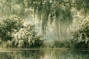 Serene Vintage Forest Lake Wallpaper, a Decorative Illustration by Virgo Studio