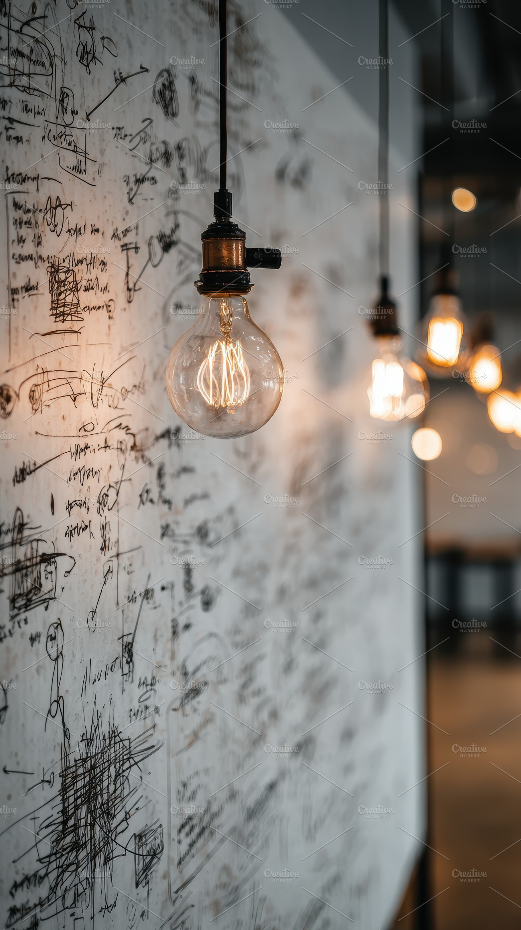 Edison bulb hanging near whiteboard, a Photo by Pixeness Studio