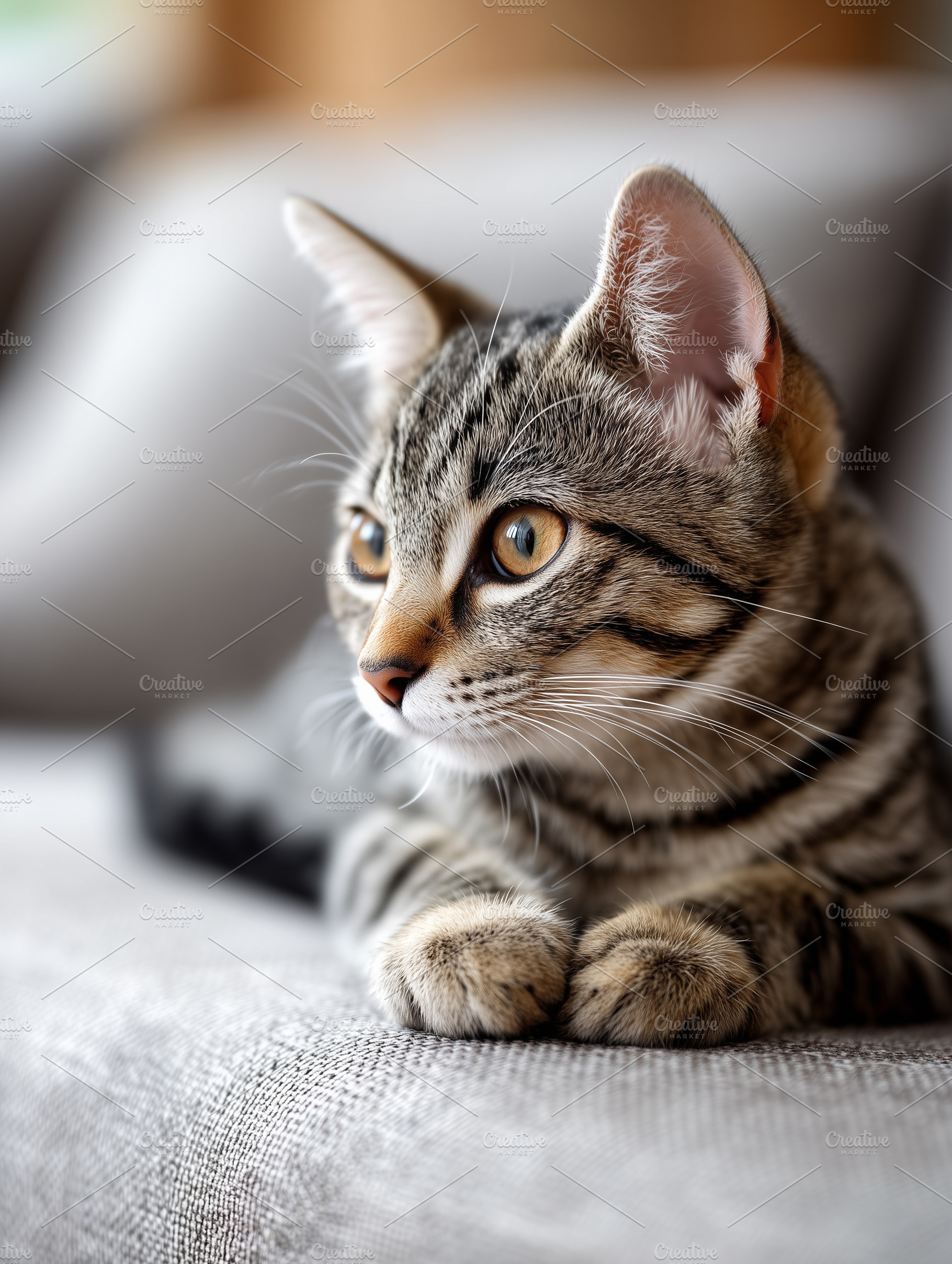 Cute tabby kitten resting on a sofa., an Animal Photo by MistyDay