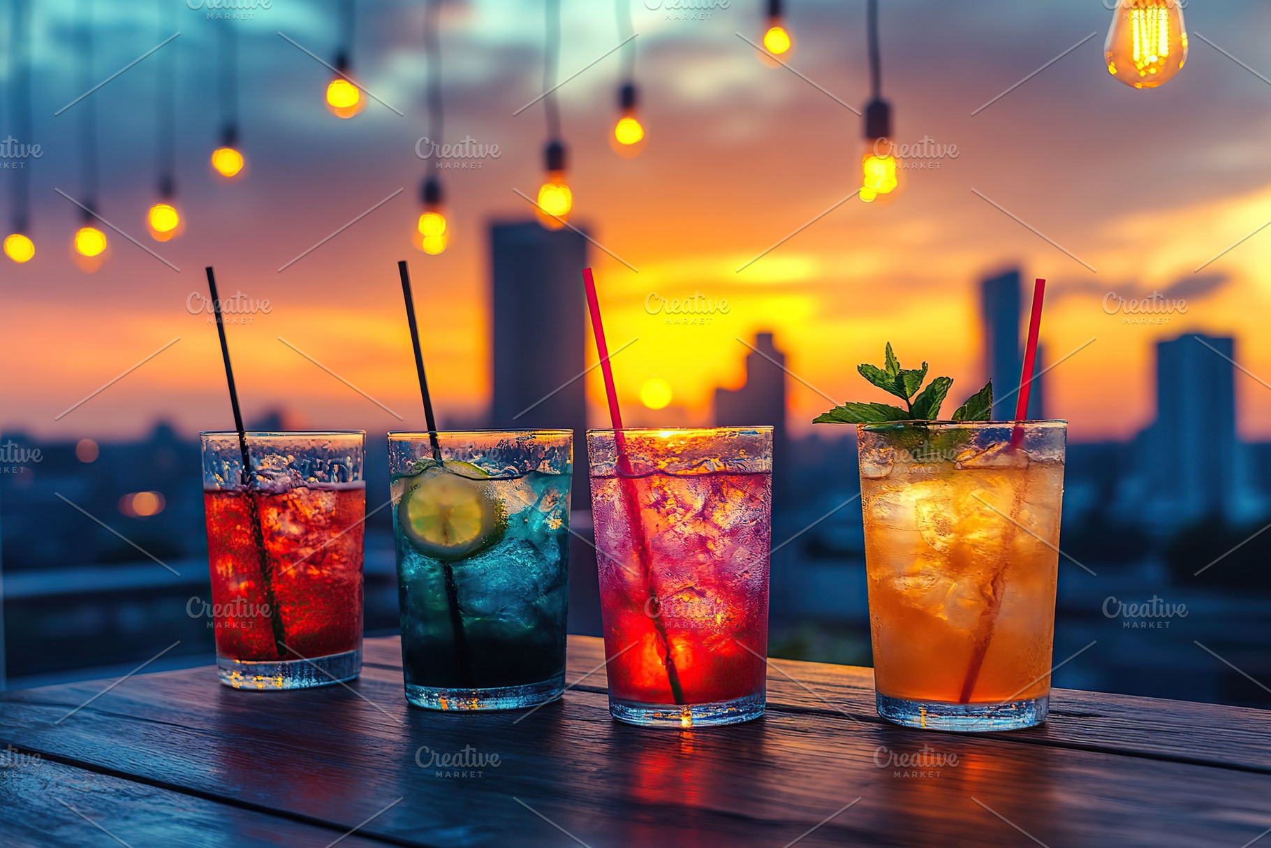 Vibrant cocktails illuminated by hanging lights at a lively rooftop bar during, a Food & Drink Photo by AlyaAnd