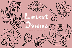 Linocut Daisies Clipart & Patterns