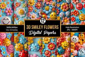 3D Smiley Flowers Seamless Patterns