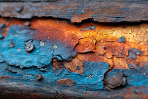 Peeling blue and orange paint on rusted wood, a Background Photo by AlyaAnd