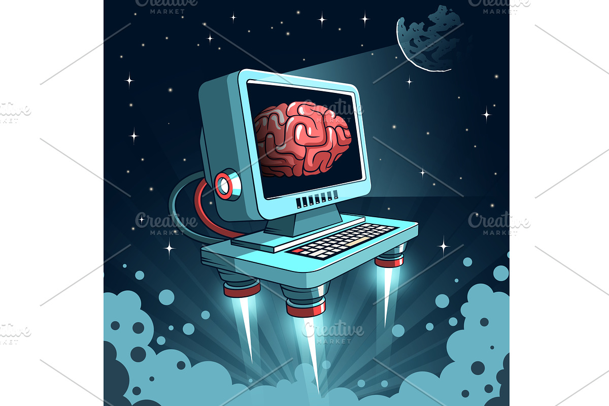 Computer With Brain Artificial, a Technology Illustration by Agor2012 shop