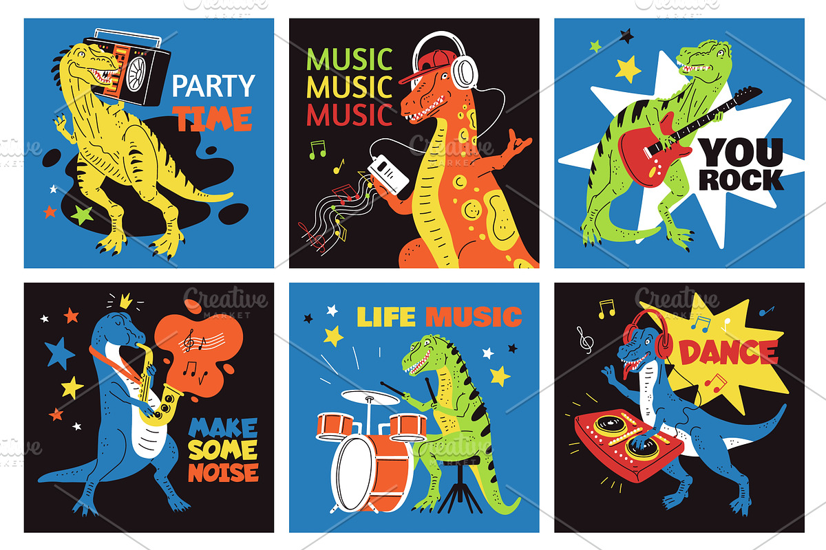 Cute dinosaur listening music, an Animal Illustration by Sabelskaya