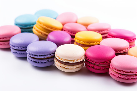 Colorful macarons dessert on white background, a Food & Drink Photo by AlyaAnd
