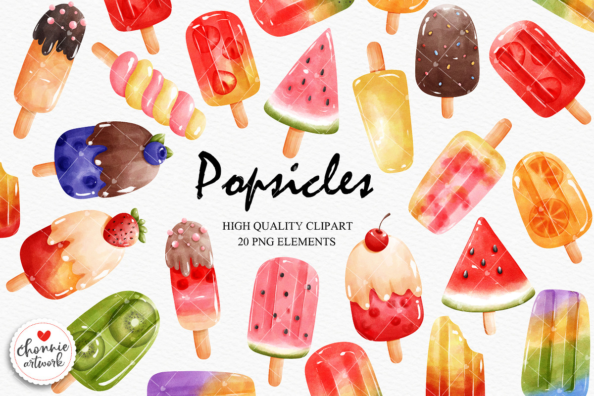 Watercolor Popsicles Clipart, a Food Illustration by Chonnieartwork (Photo 1 of 3)