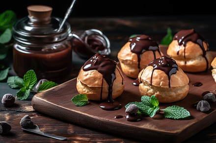 Delicious chocolate profiteroles, a Food & Drink Photo by Virgo Studio