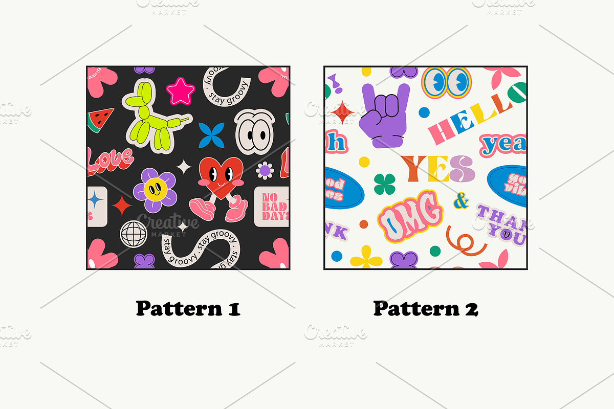 HAND DRAWN RETRO STICKERS + PATTERN, a Decorative Illustration by UnaAnya (Photo 3 of 5)