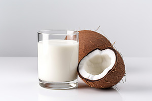 Coconut and coconut milk in glass on white background, a Food & Drink Photo by AlyaAnd
