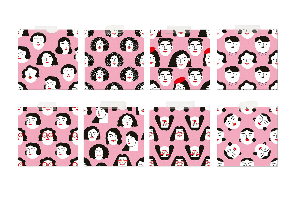 Pink Face Doodles Patterns and Clipart