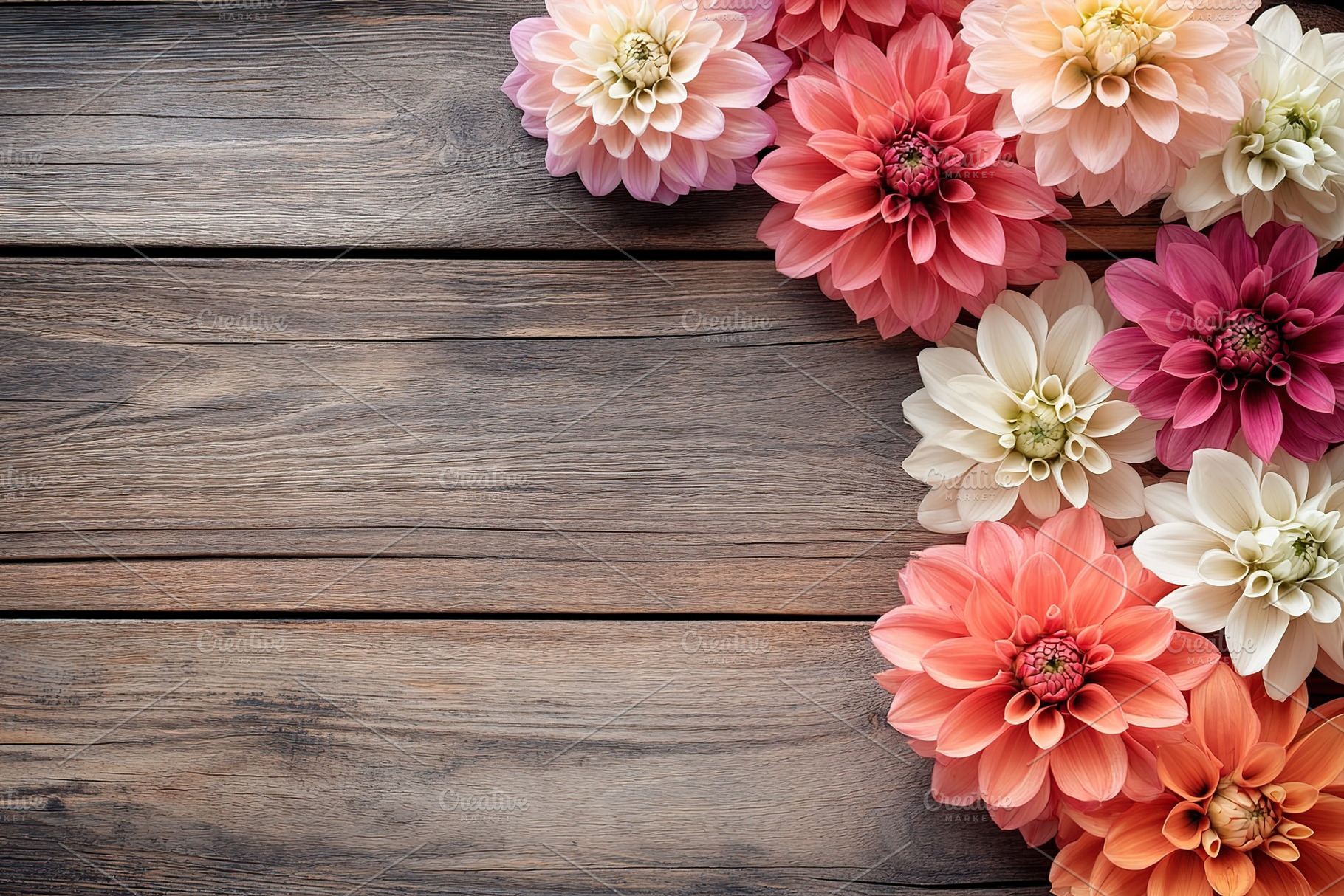 Vibrant orange and white dahlia bouquet arranged on rustic wooden surface, a Nature Photo by AlyaAnd