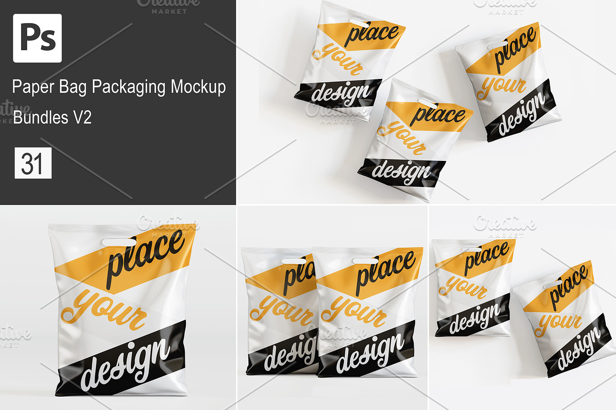 Paper bag white color mockup bundles, a Packaging Mockup by Ambo Ampeng (Photo 1 of 32)