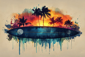 Surfboard Silhouette Tropical Sunset, a Photo by Pixeness Studio