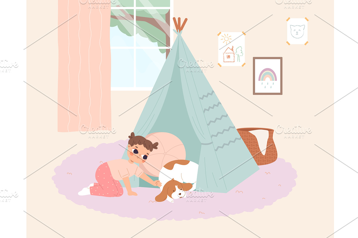 Cute little girl caring about dog, an Animal Illustration by Valerie Bodnar