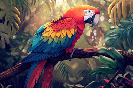 Colorful macaw perched on a branch i, a Photo by Tanuart
