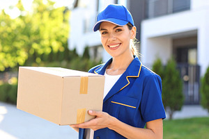beautiful young female courier woman AI generated, a Photo by WorldOfPhotos