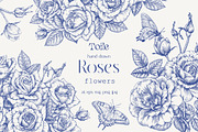 Roses Vintage set Blue Toile Vector, an Object Graphic by ON_lineart_store (Thumbnail 1 of 10)