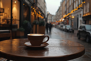Cup of hot coffee drink at a street cafe, a Food & Drink Photo by AlyaAnd