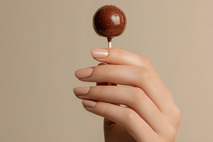 Hand holding a chocolate lollipop, a Photo by Beautiful things