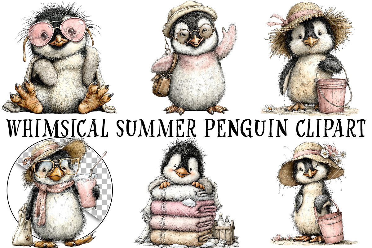 Whimsical Summer Penguin Clipart, an Illustration by OK Design (Photo 2 of 6)
