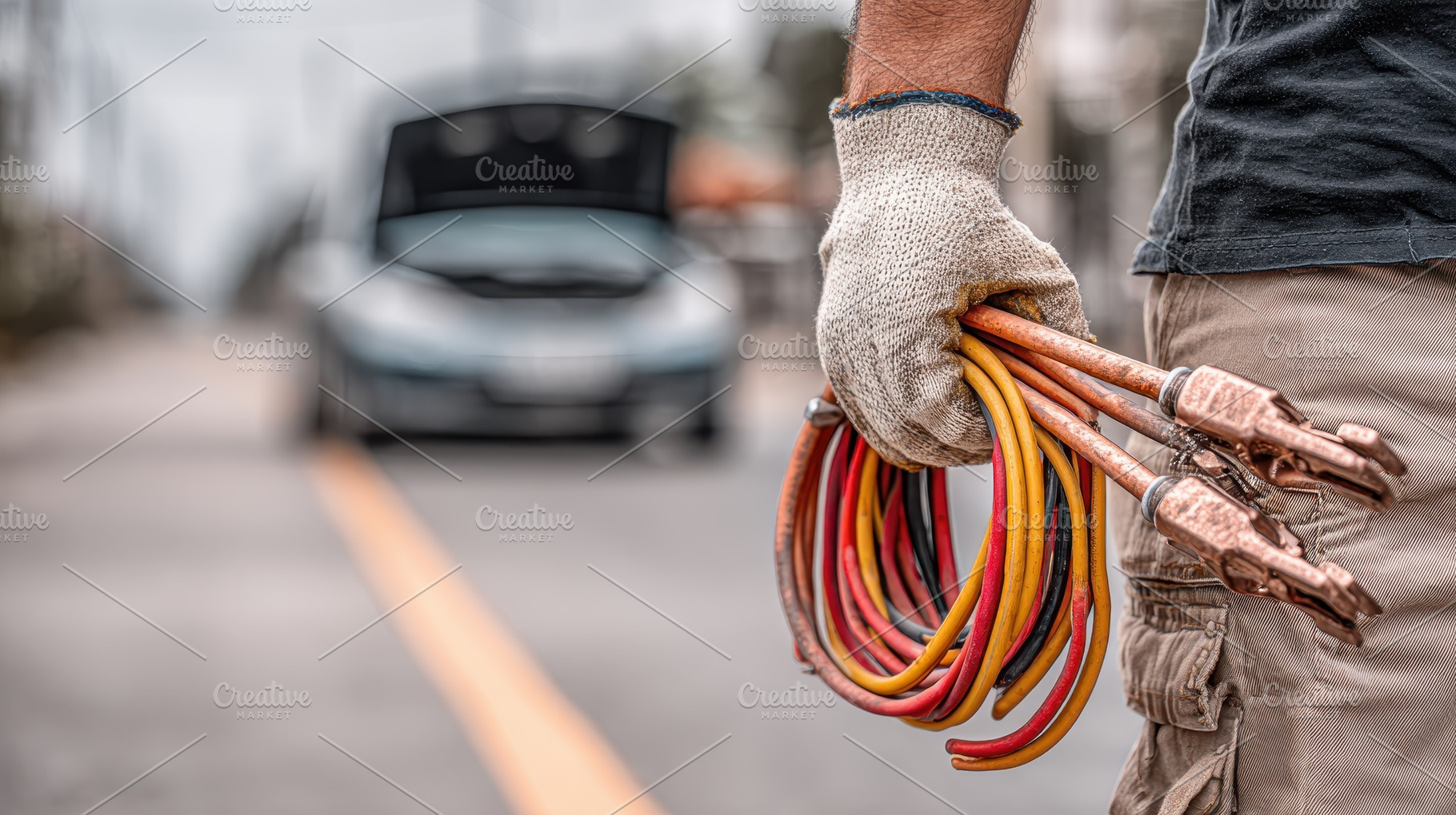 Mechanic holding jumper cables roads, a Photo by Pixeness Studio