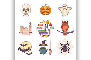 Set Of 9 Halloween Flat Style Icons.