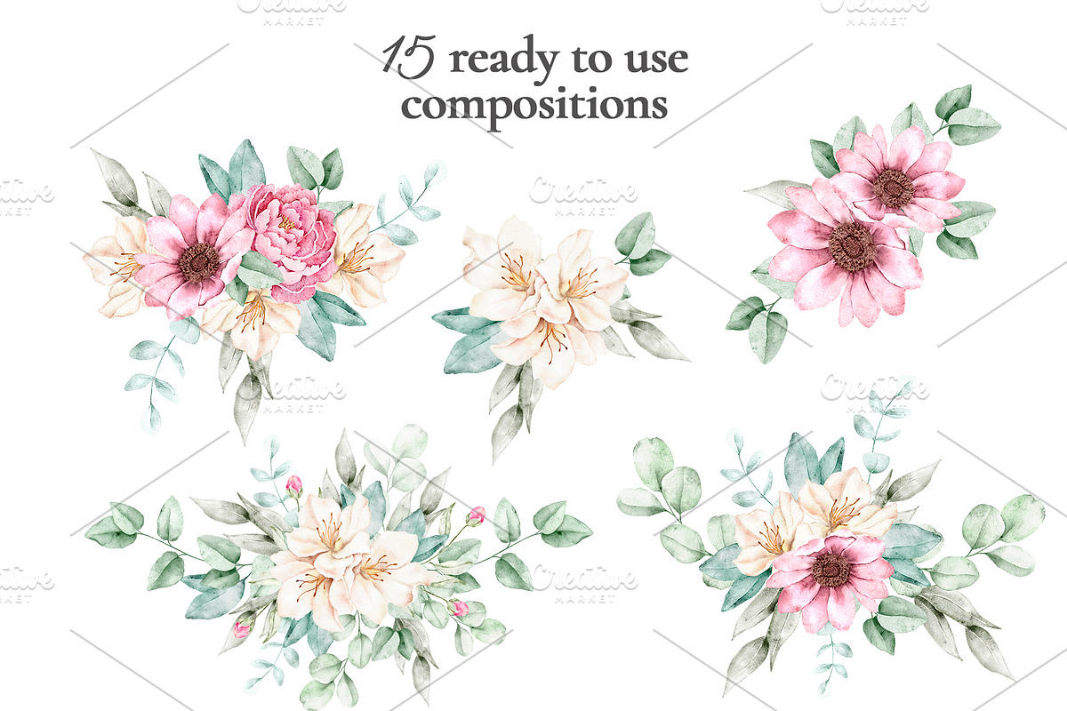 Watercolor Floral Clipart, a Decorative Illustration by Eves_Aquadreams (Photo 3 of 18)