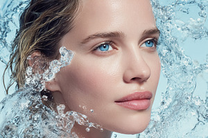 Woman with blue eyes and glowing skin getting splashed by fresh water, concepts, a Photo by Studio ANNA