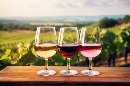 Glasses of red, white and pink wine on vineyard background, a Food & Drink Photo by AlyaAnd