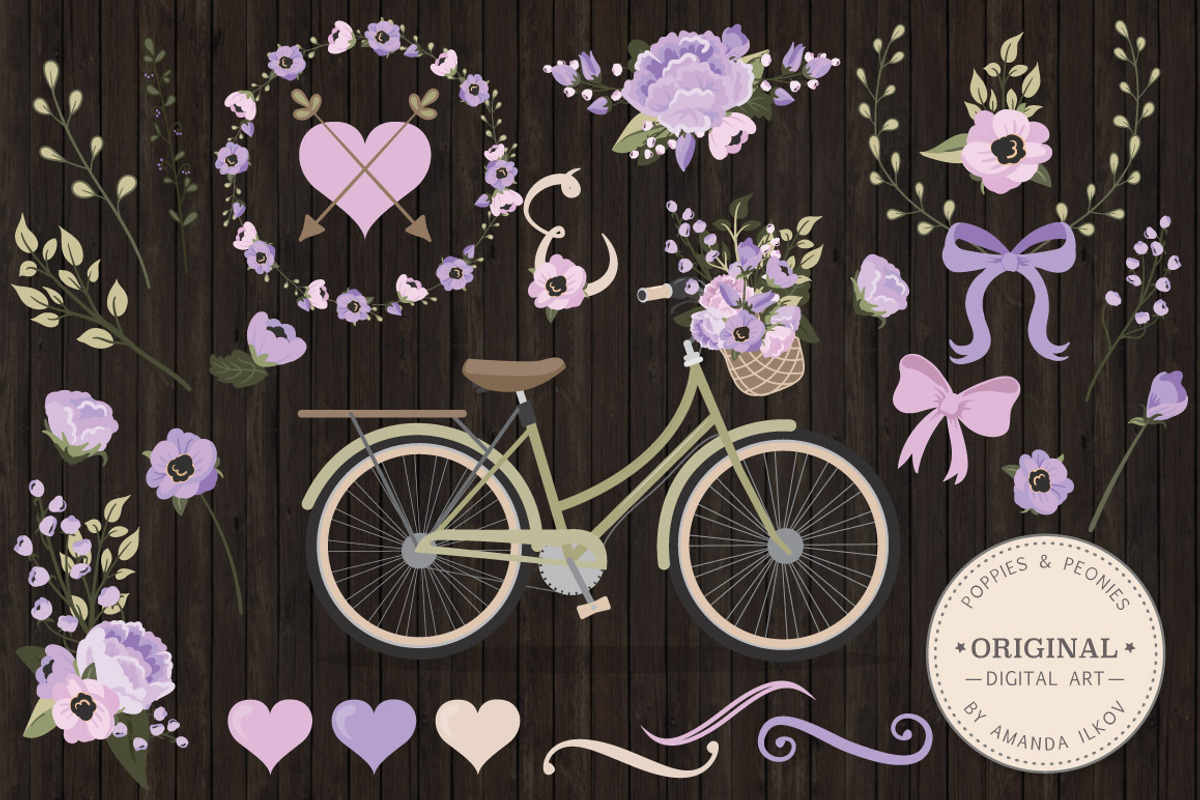 Lavender Bicycle & Flower Vectors, an Illustration by Amanda Ilkov (Photo 2 of 5)