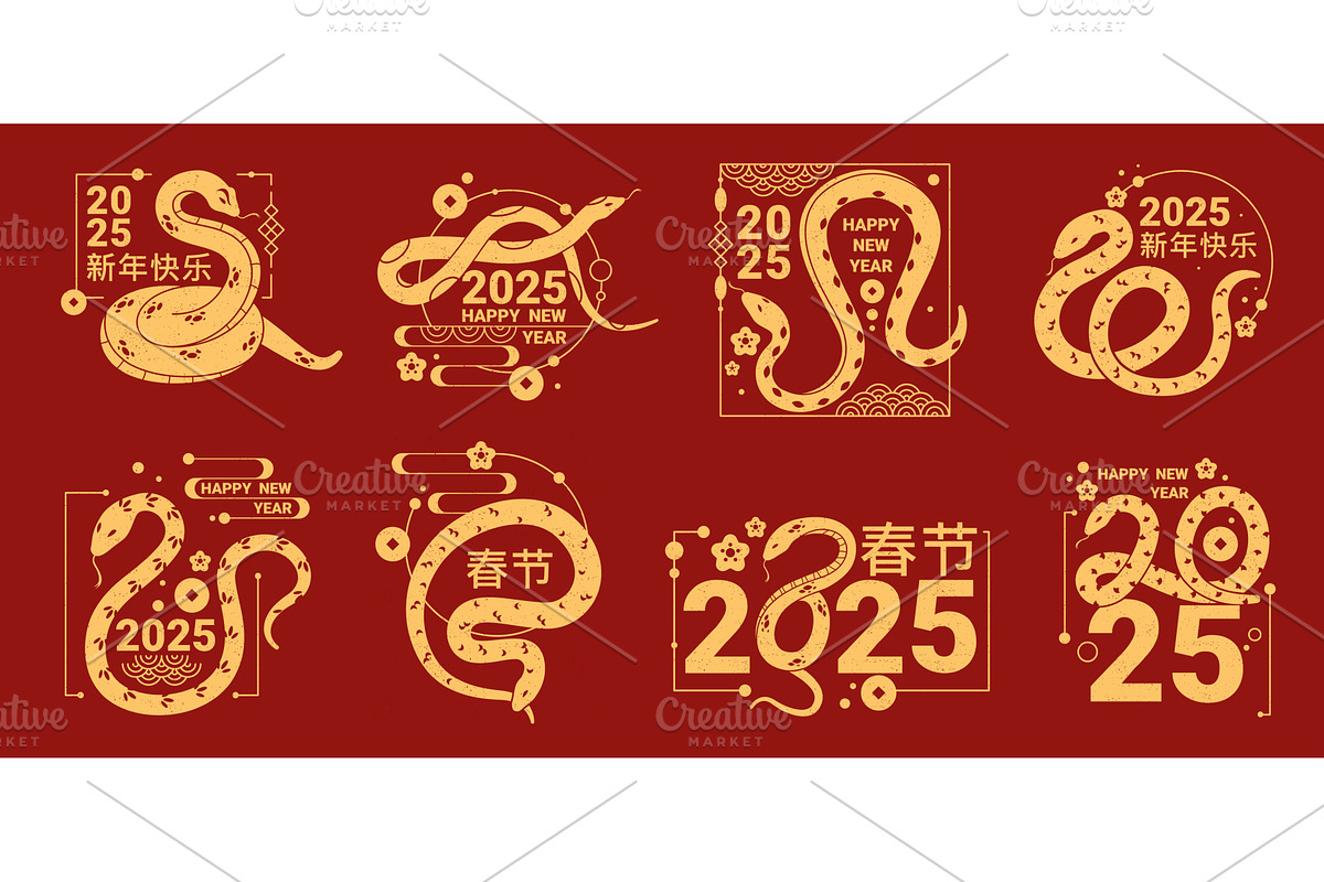 Golden snake labels or prints set, an Illustration by Elegant Solution