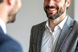 Businessman smiling while shaking hands in professional agreemen, a Business Photo by GoodGoods