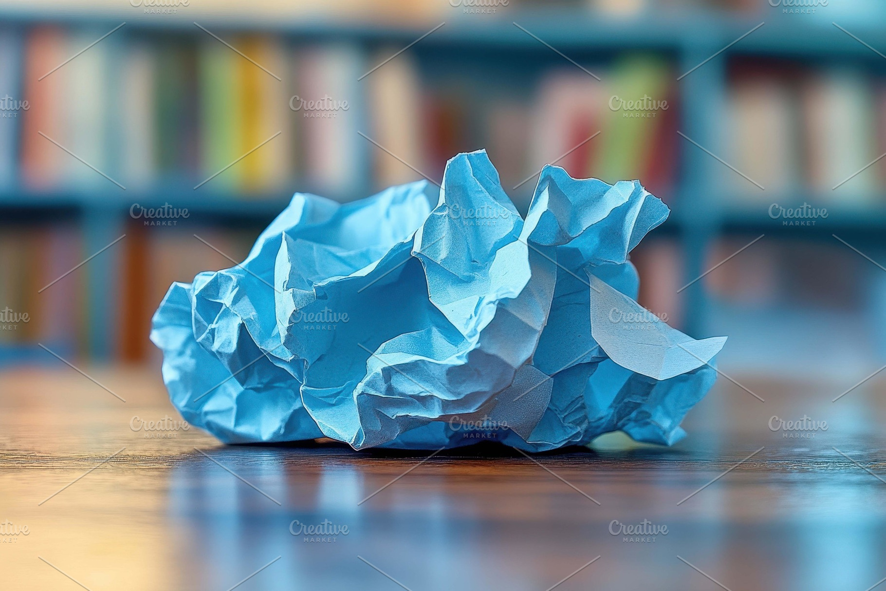 Crumpled blue paper on wooden desk i, a Photo by Tanuart