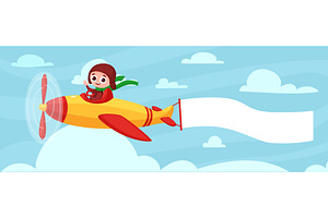 Kid pilot with banner. Boy flying on, a Transportation Illustration by LadadikArt