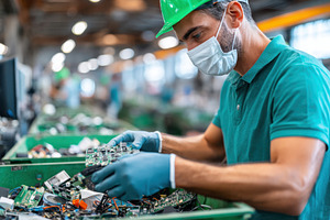 Worker sorting electronic waste in recycling facility, an Industrial Photo by AlyaAnd