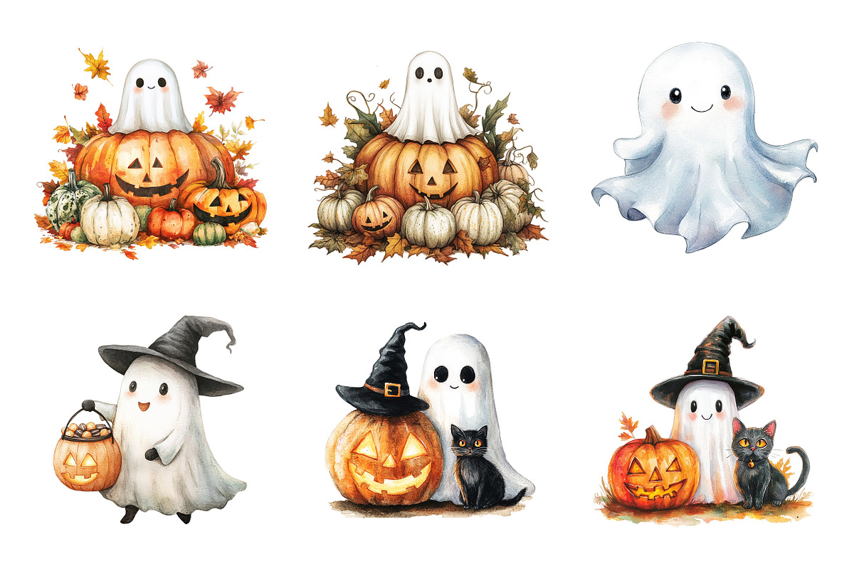 Watercolor Halloween Ghost Clipart, a Transportation Illustration by SinaCreation (Photo 2 of 9)