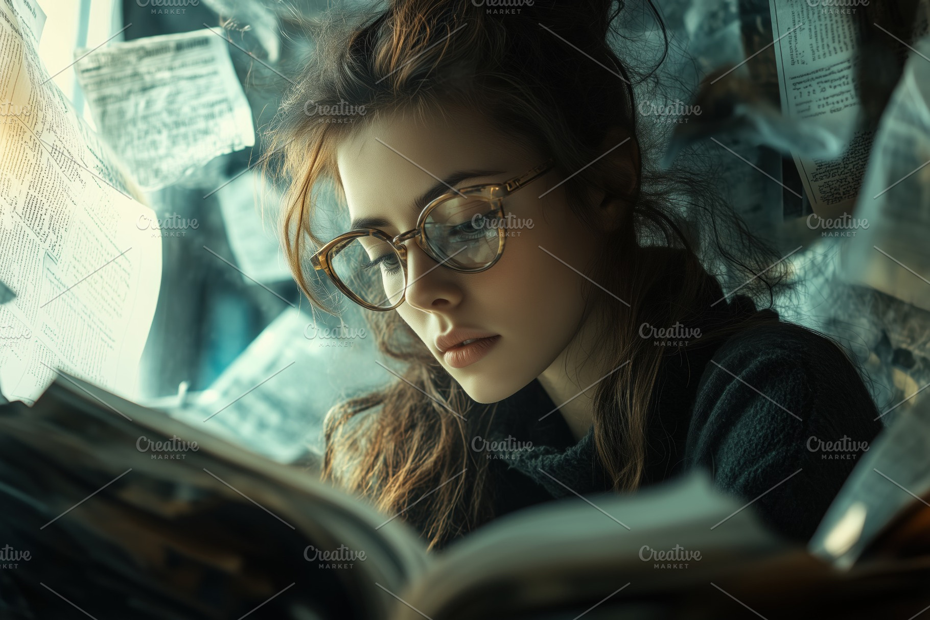 A young woman accountant with glasses is deeply engrossed in reading a book, su, a Person Photo by Textures & Backgrounds
