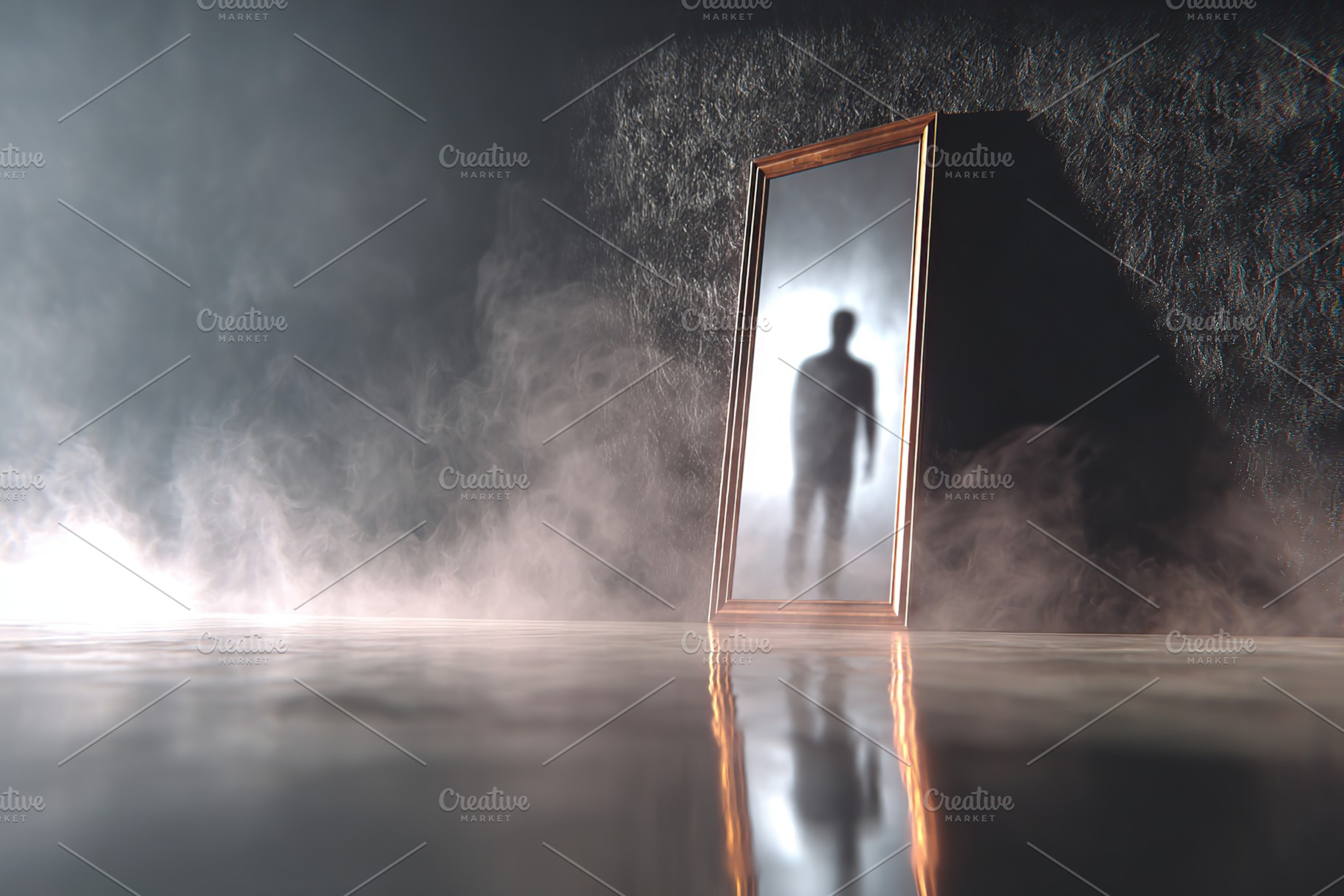 Reflection of a shadowy figure in a tall mirror surrounded by misty atmosphere, a Photo by AlyaAnd