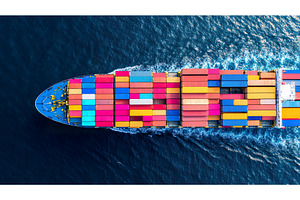 Colorful cargo ship sailing on ocean, a Transportation Photo by Lermont51